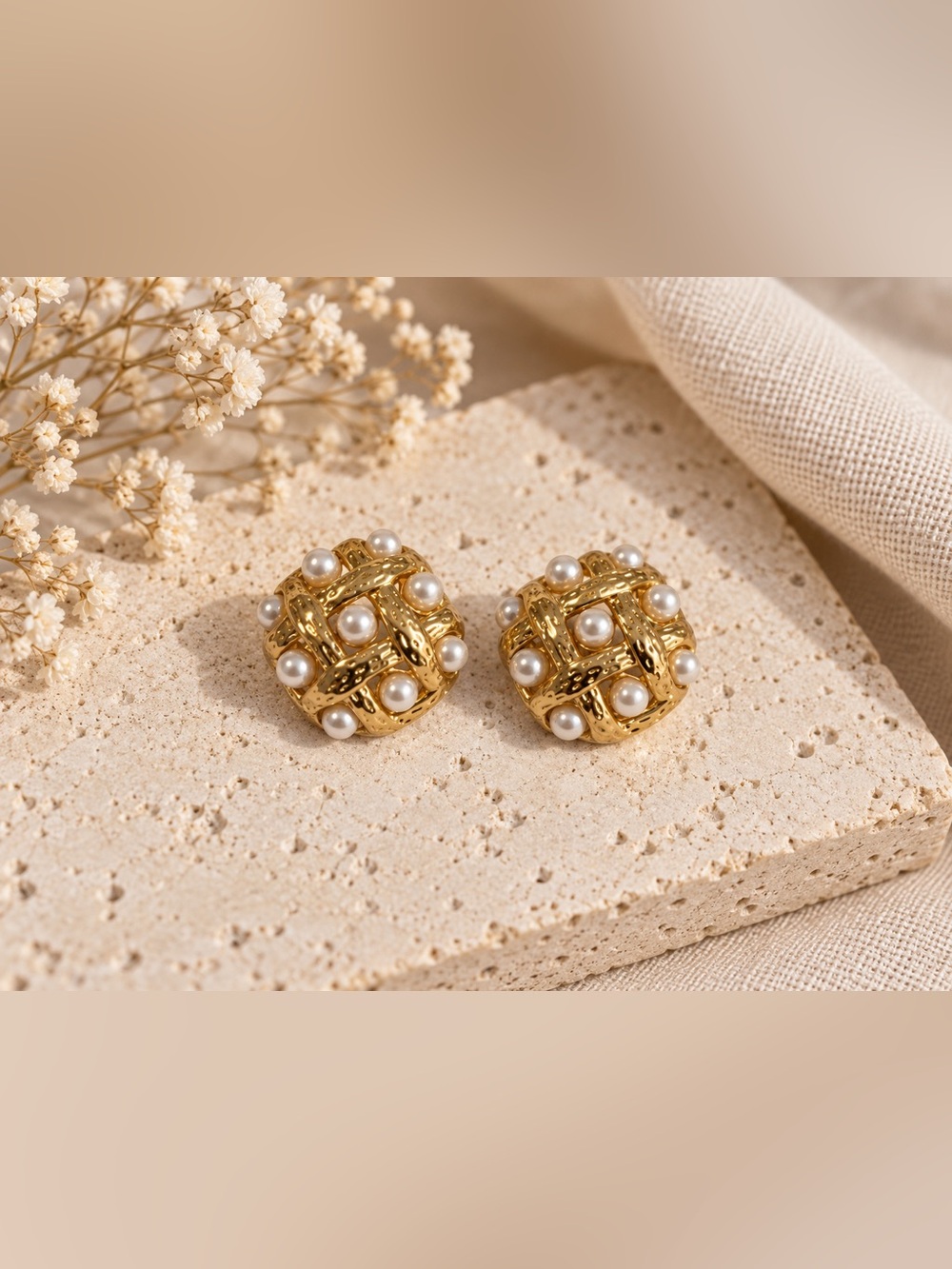 Gold Pearl Cluster Stud Earrings - Stainless Steel